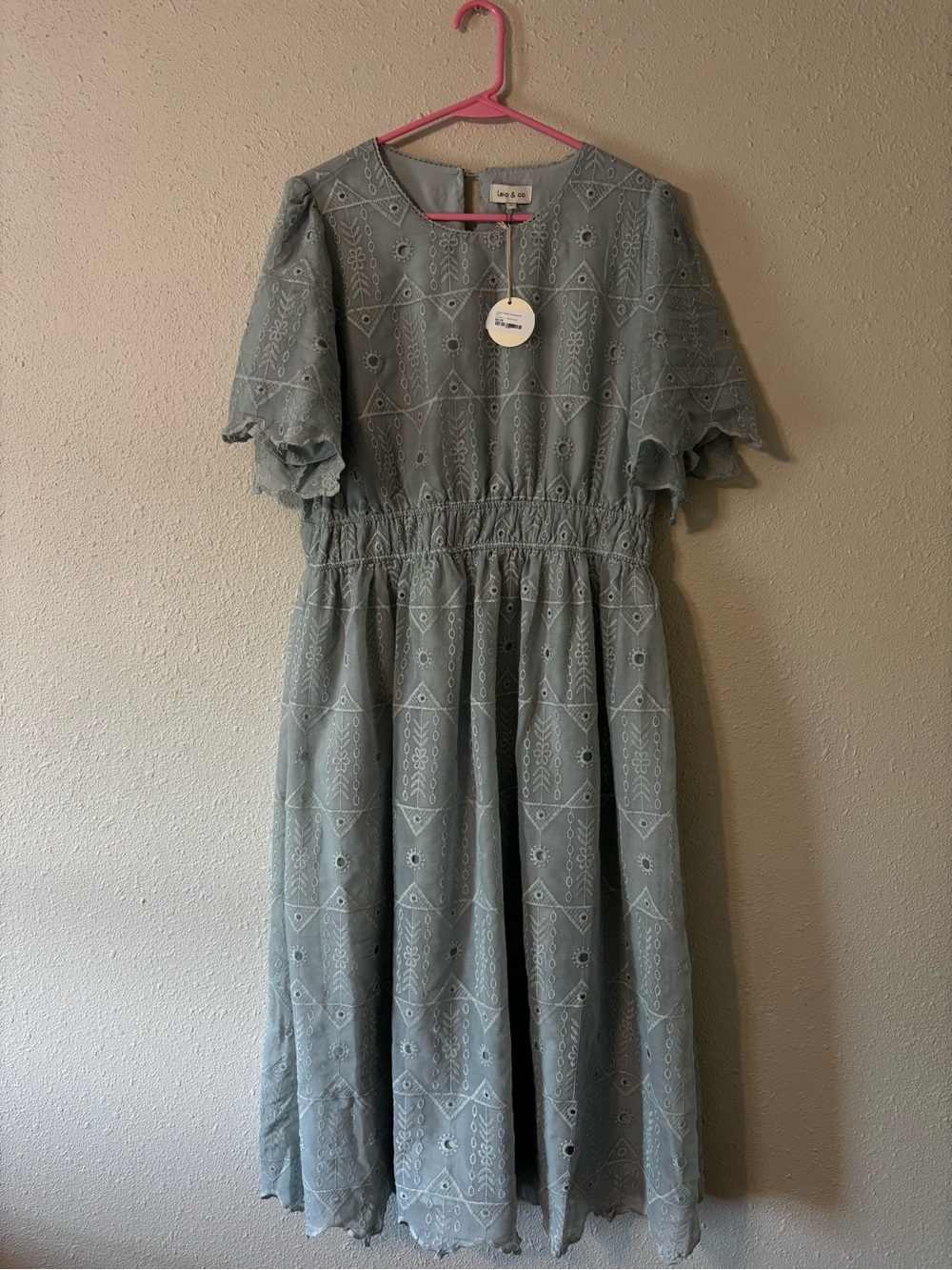 Leia & Co Embroidered Eyelet Blue Midi Dress with Smocked Waist and pockets